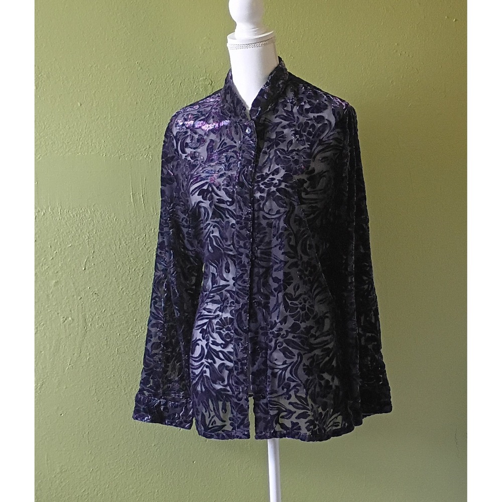 Victorian Revival Bechamel Purple Burnout Velvet Sheer Button Down Blouse Large